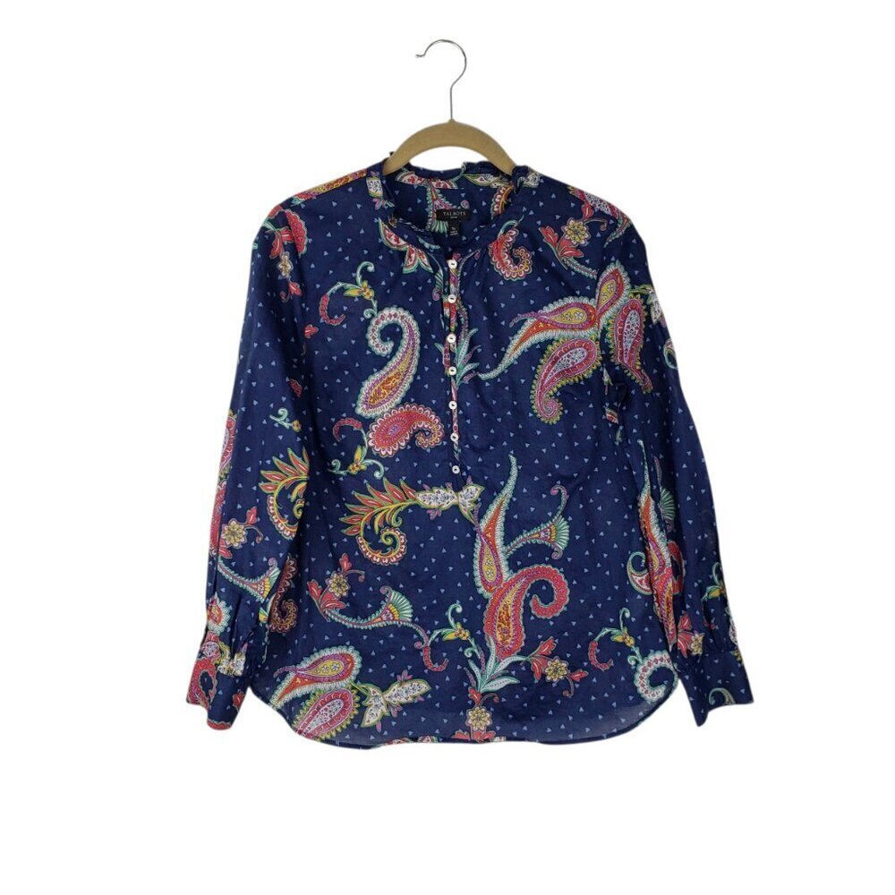 Talbots Band Collar Popover Top Blue Twinkle Paisley Lightweight Cotton S Petite